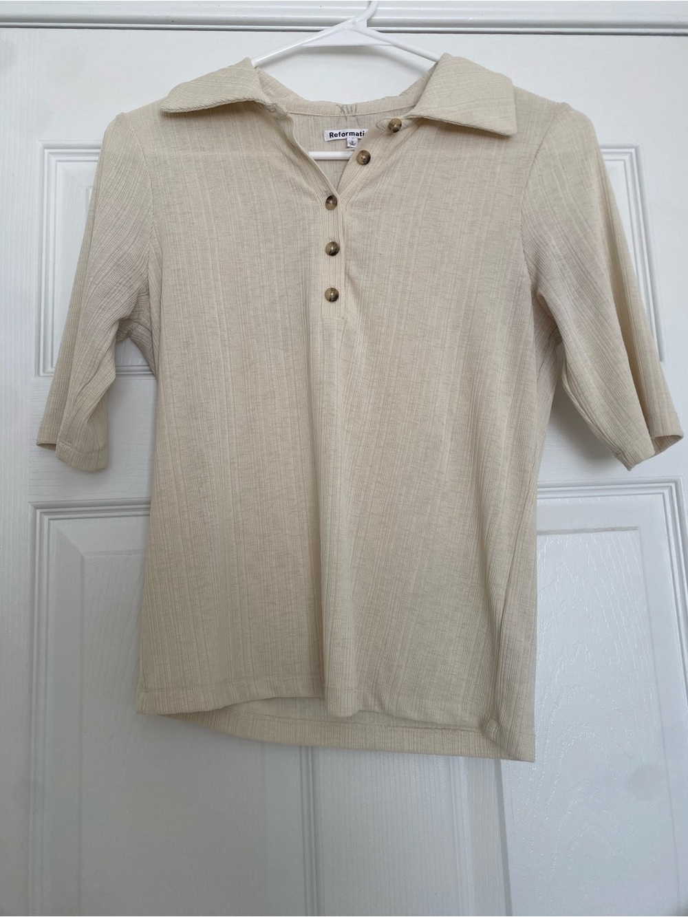 Reformation Cream Ribbed Polo with Button Placket Sz S